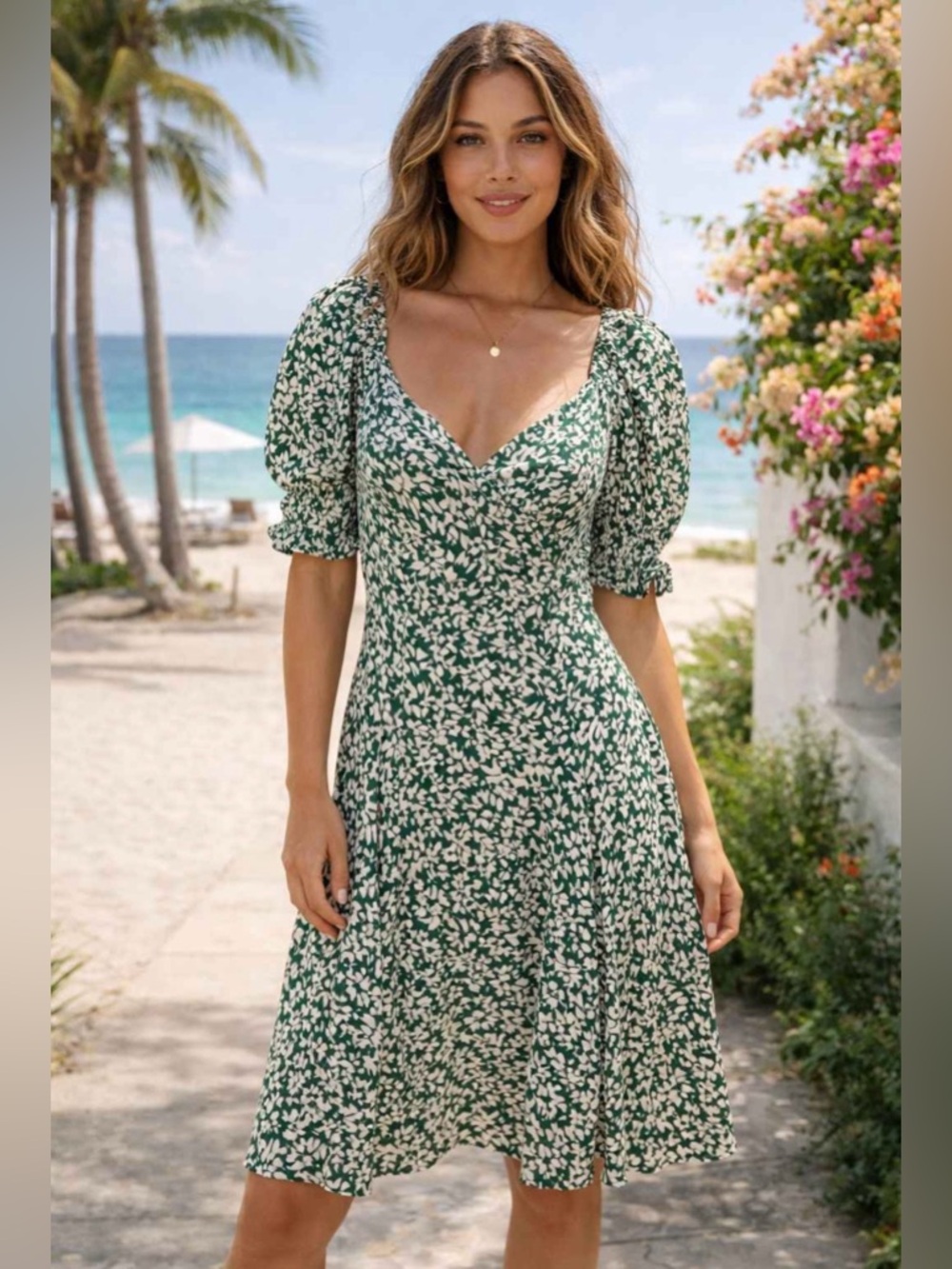 Madewell Green and White Floral Sweetheart Midi Dress